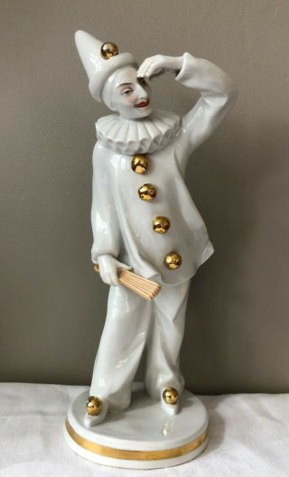 Oldest Volkstedt Porcelain Clown Figurine Art Deco Gold Buttons 11 Inches
