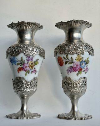 Antique French Porcelain Vases Silver Sterling Mount Hallmarked Sevres