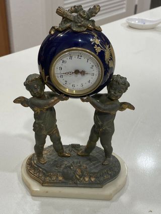 Antique French Figural Desk Ormolu Metal Cherub Mantle Clock Porcelain Runs