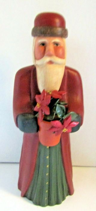Mark Glandon Hand Wood Carved Santa With Poinsettias Folk Art 1992