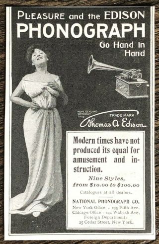 2 - 1902 Pleasure&edison Print Ad National Phonograph Co Pretty Lady Opera Singer