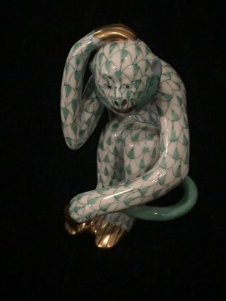 Herend Figurine Green Fishnet Sitting Monkey 15385