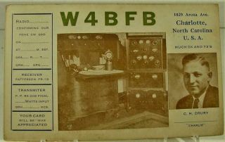 1930s Qsl Showing Radio Set W4bfb C.  H.  Drury Charlotte,  North Caroline