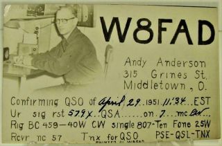 1951 Qsl Real Photo Showing Radio Set W8fad Andy Anderson,  Middletown,  Ohio