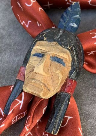 Vintage Hand Carved Painted Wooden Native American Indian Chief Scarf Slide