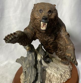 Rare Franklin Porcelain Grizzly Bear Attack Sculpture On Custom Wood Base