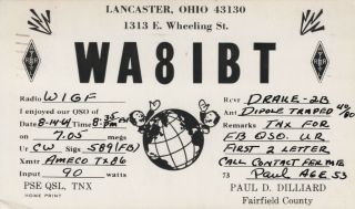 Amateur Ham Radio Qsl Postcard Wa8ibt Paul D.  Dilliard 1964 Lancaster Ohio