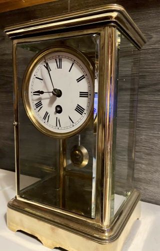 Large Antique Brass Four Glass Mantel Clock Good Order