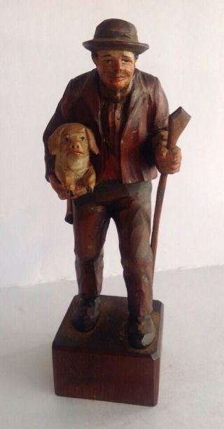 Vintage Hand Carved Wood Farmer Man Wanderer With Pig Anri? Austria
