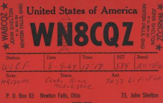 Amateur Ham Radio Qsl Postcard Wa8cqz John Shelton 1964 Newton Falls Ohio