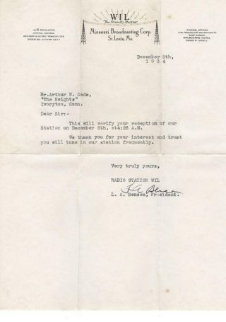 Qsl Letter,  Wil,  St.  Louis,  Missouri,  1934