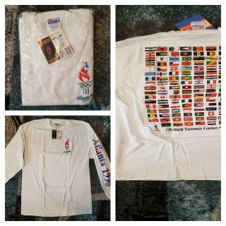 Vintage 1996 Atlanta Olympic Games Country Flags Printed Long Slv T - Shirt 90 