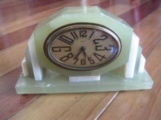 Vintage French Art Deco Green Onyx? Marble? Jade? Dep Mantle Clock Rare Read