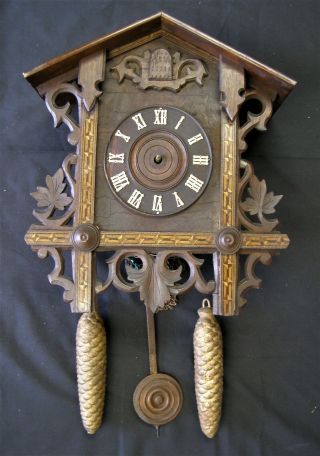 Antique German Cuckoo Clock For Restoration,  Wood With Inlays,  Gk Brand Movement