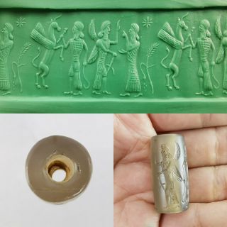 Sassanian Cylinder Seal King God Unicorn White Agate Bead Old Roll Intaglio 154