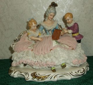 Antique Dresden Art Porcelain Lace Victorian Figurine With Children