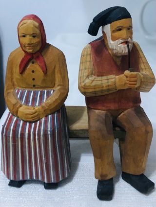 Brienzer Holz - Schnitzerei Wood Carved Painted Old Woman & Man Smoking Pipe Swiss