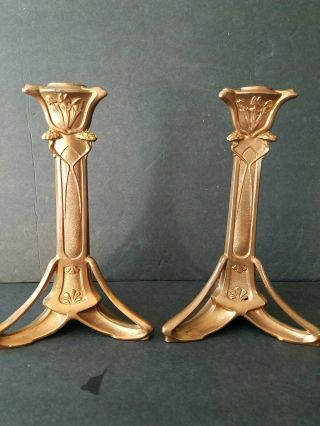 2 Guilted Art Nouveau Candle Sticks,  Heavy 9 " X 6 " Wide,  So Beautifully Made