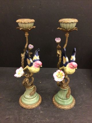 Pair Mark Roberts Porcelain & Bronze 13” Bird Flowers Candlestick Candelabras