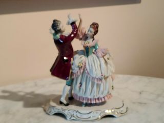 Dresden Germany Porcelain Dancing Couple Woman In Lace Gown