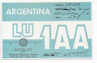 Qsl Radio Lu1aa Buenos Aires Argentina 1949 Haracio Martinez Seeber Ham Dx Swl