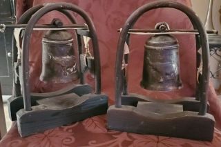 Vintage Elephant Brass Bell Gong Thai Chime On Wood And Bamboo Set Of 2