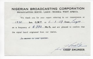 Qsl Radio Nigerian Broadcasting Corporation 1959 Lagos West Africa 4990 Kcs Dx