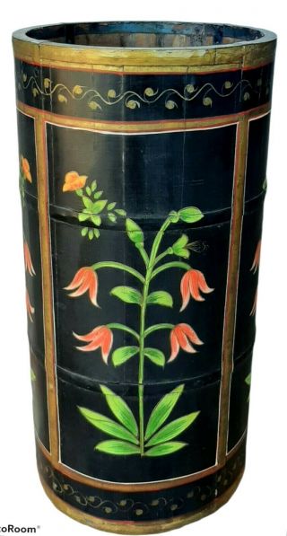 Vintage Umbrella Stand - Wooden Hand Painted Black With Floral Motif