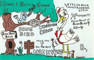 Vintage Qsl Cb Radio Postcard " Kaex4515 " Wichita Kansas Song Bird Whooping Crane