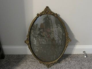 Vintage Large Ornate Brass Oval Convex Bubble Glass Picture Frame 14 