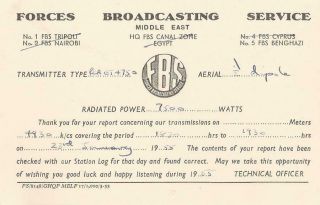 1955 Qsl: Fbs - Forces Broadcasting Service Middle East,  Benghazi,  Libya
