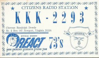 Vintage Cb Radio Qsl Postcard " Kkk - 2293 " Clarence Randolph Dowdy Newport,  Va