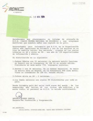 Qsl Letter,  Radio Cadena Nacional De Colombia,  Bogota,  1994