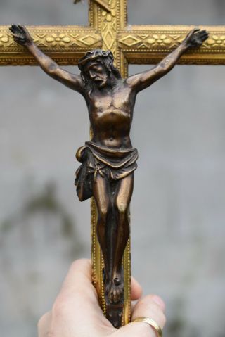 ⭐rare Antique Religious Cross,  Ornate Crucifix 18 " Inch,  Bronze Christ,  19 Th C⭐