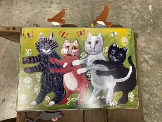 Nancy Thomas Folk Art Good Mews Cats Wood & Metal Wall Plaque Print Signed 17x12