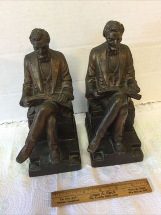 Antique Armor Bronze Abe Abraham Lincoln Bookends Seated In Chair Reading Book