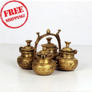 Old Brass Handcrafted Pot Shape 4 Compartment Kumkum / Tikka Powder Box 422