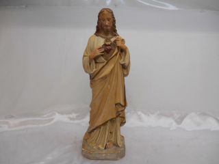 Antique Religious Chalkware Statue Sacred Heart Of Jesus Old Vtg Figurine 17.  5 "
