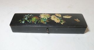 Antique Hand Painted Black Lacquered Wooden Paper Mache Writing Pen Brush Box