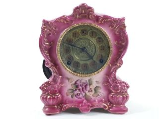 Antique Porcelain Mantle Clock Pink Floral No.  417