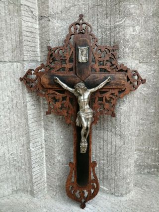 Antique Carved Wood Cross Crucifix Metal Inri Jesus Christ Corpus Wall Hanging