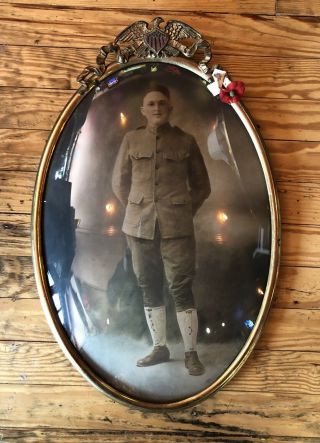 Antique Ww1 Military Bubble Glass Picture Frame Eagle Flag Soldier Rare