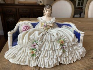 Antique Porcelain Dresden Figurine Lady Lace Dress Germany