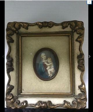 Antique Hand Painted Mother & Christ Child Miniature Painting Picture Frame