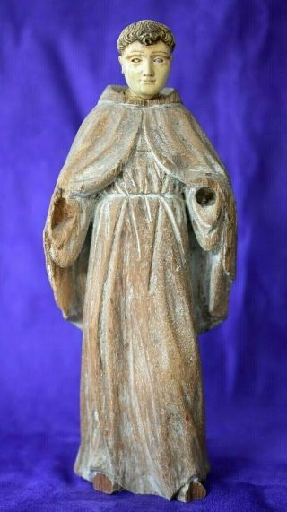 Fine Antique Glass Eyes Hand Carved Wood Colonial Dieppe Monk Padre Santo Saint