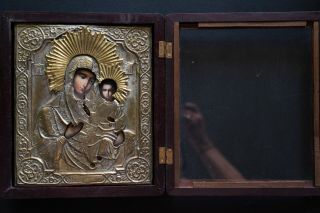 Antique Russian Orthodox Brass Oklad Icon Virgin Mary Jesus Christ Box Religious