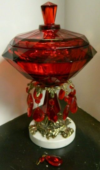 Vintage Ruby Red Glass,  Brass & Marble Compote W/ Hanging Crystals Con