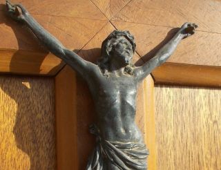Antique French Crucifix Cross Jesus Corpus Statue Figure Metal And Wood