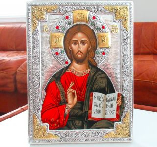 Silver Byzantine Orthodox Icon Jesus Christ Kazan Swarovski Crystal Sterling 925