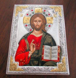 Silver Byzantine Orthodox Icon Jesus Christ Kazan Swarovski Crystal Sterling 925 3